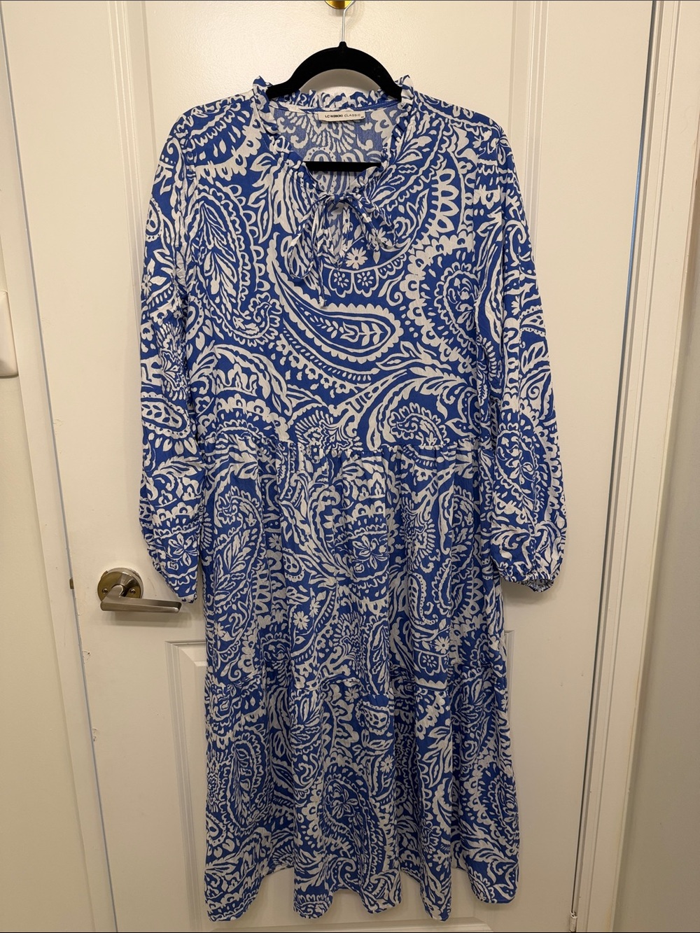 Blue Paisley Long-Sleeve Tie-Neck Maxi Dress